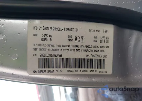 2007 Dodge Charger Rt из США, поврежденный, VIN 2B3LK53H17H650596